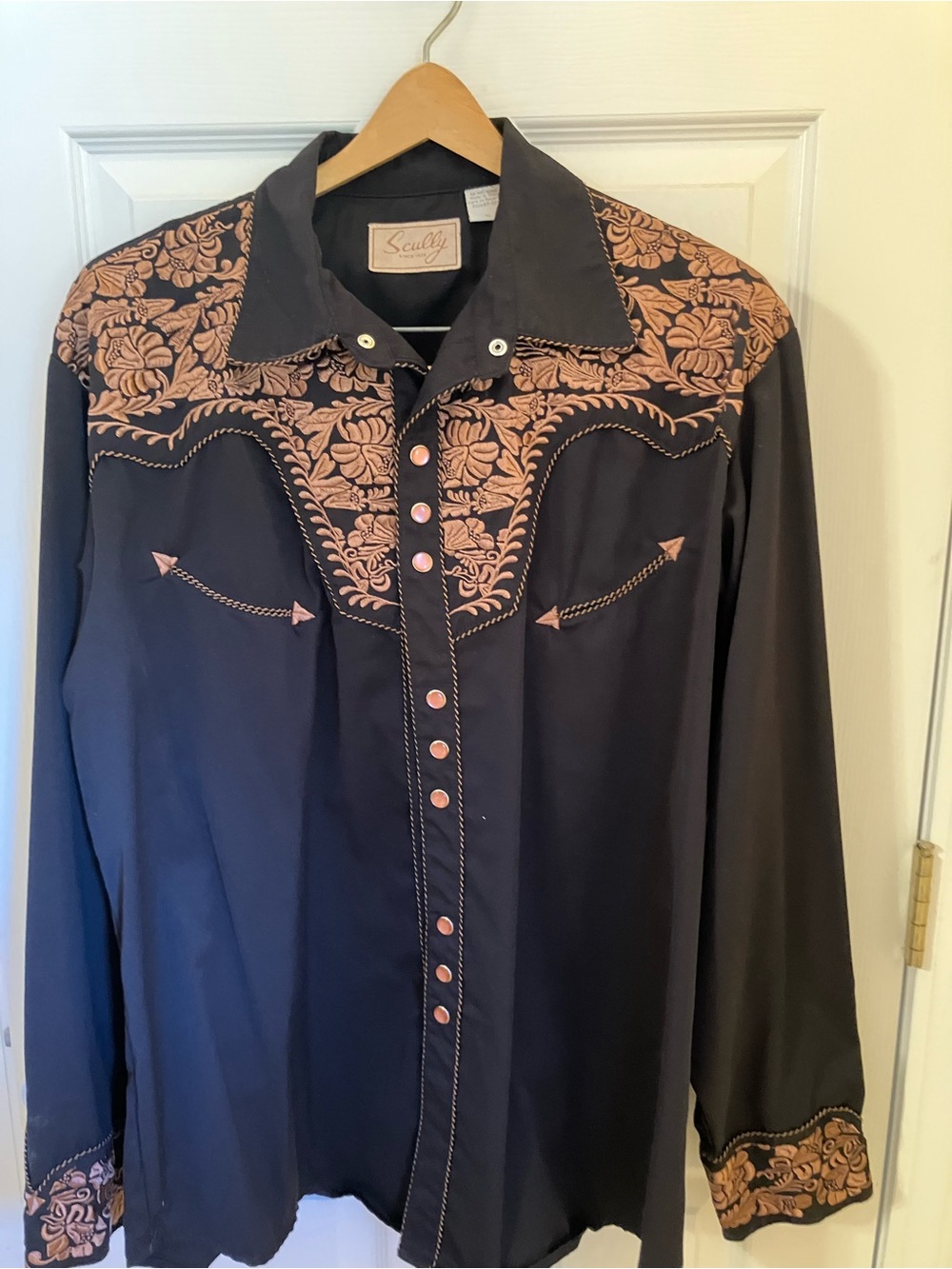 Scully Black Western Shirt with Copper Floral Embroidery